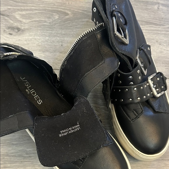 J/SLIDES Shoes - J/SLIDES Black Leather Buckle High Top Sneakers